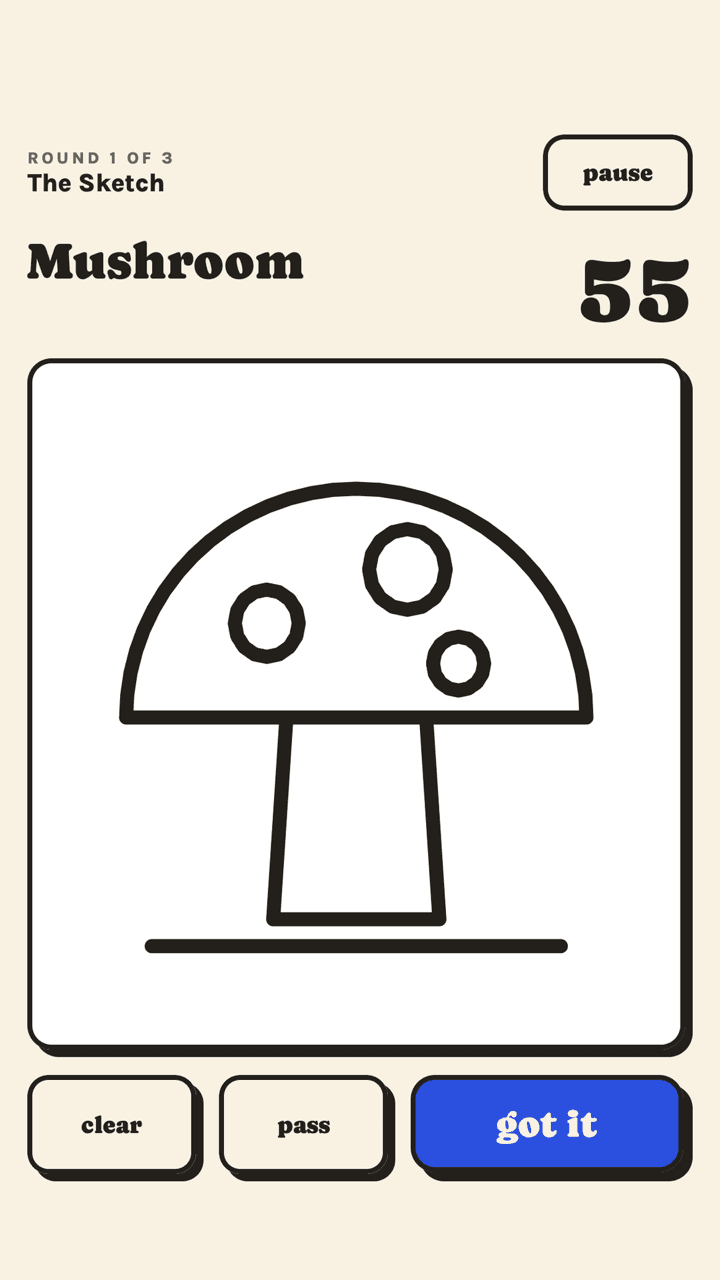 The same moment as the holder sees it: the word Mushroom, a countdown at 55, the drawing, and buttons marked clear, pass and got it.