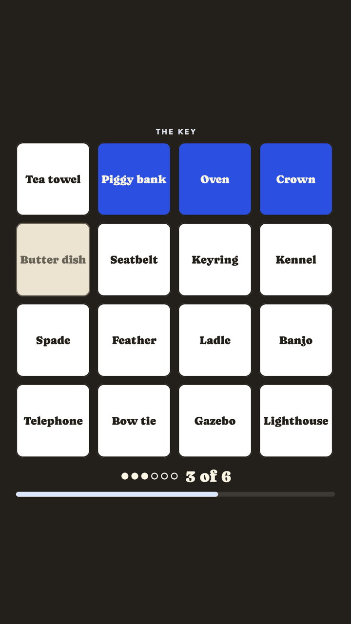 The Key on the room's side: a four by four grid of words, with three turned blue and a counter reading 3 of 6.