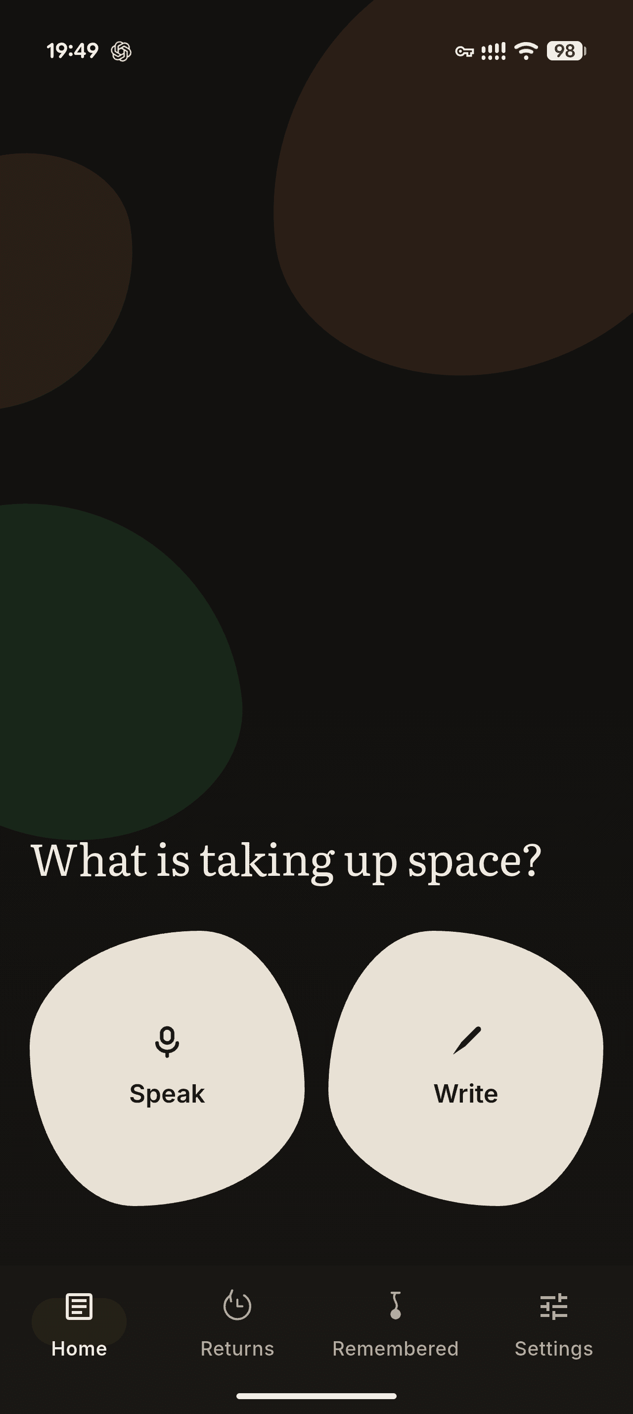 What Stays home screen with Speak and Write choices.